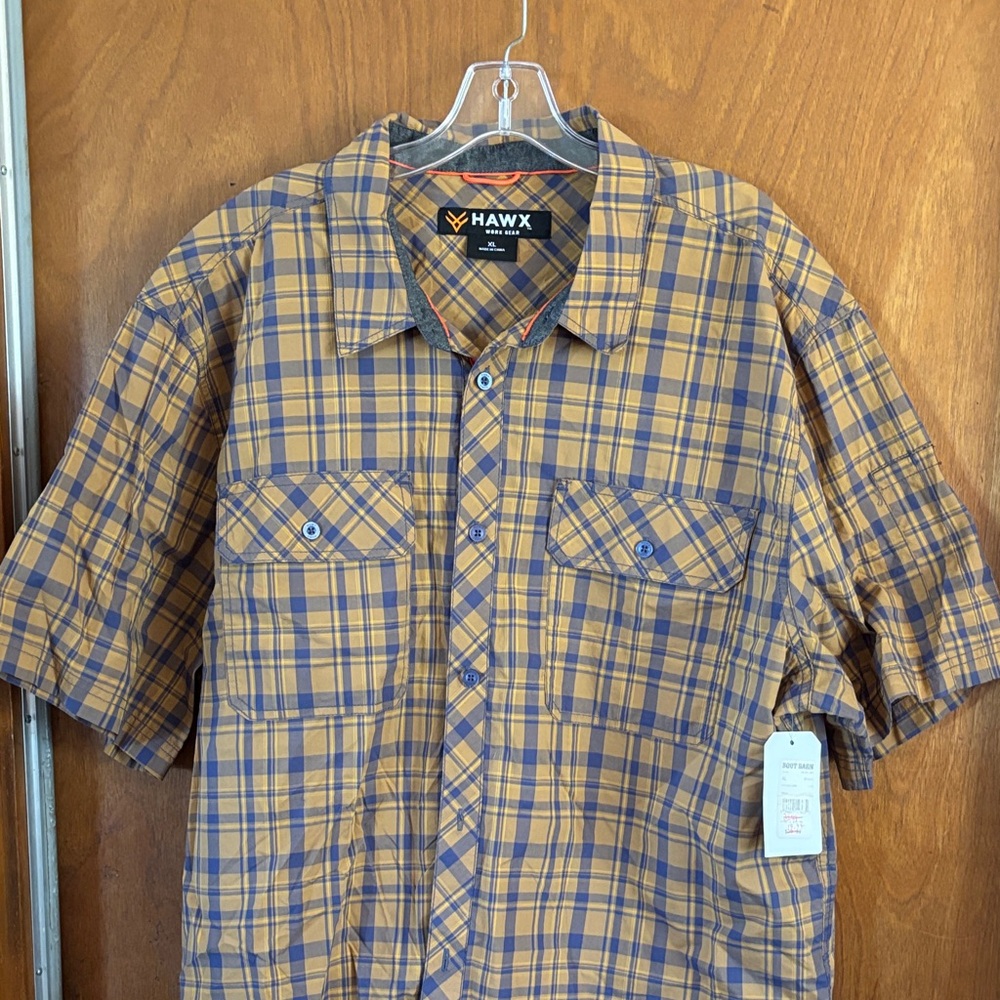 HAWX Men's Short-Sleeve Plaid Button-Down Shirt in Mustard and Blue